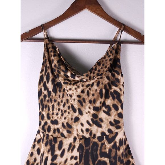 Nasty Gal Leopard Satin Cowl Neck Romper – Back Tie, Silky Animal Print, Size 4 - Picture 6 of 13
